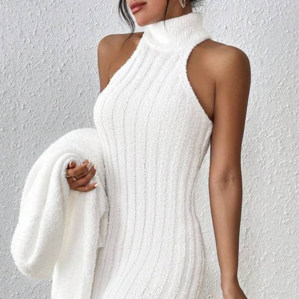 White Cardigan & Turtleneck Sweater Dress